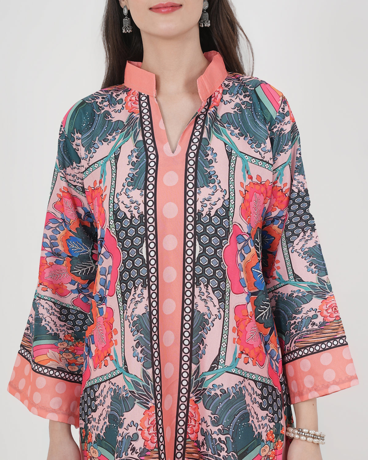 Women's Turkish Floral Printed Poly Rayon Collar Suit Top & Relaxed Fit Pants