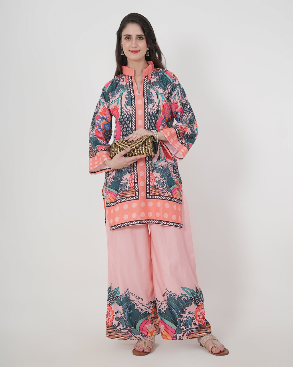Women's Turkish Floral Printed Poly Rayon Collar Suit Top & Relaxed Fit Pants