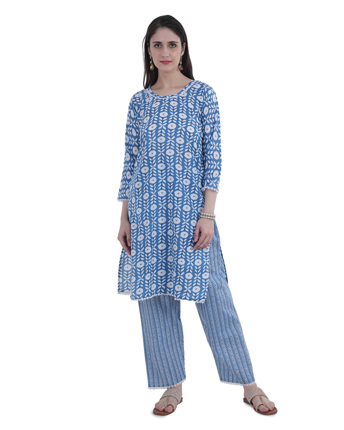 Cotton Suit with Lace Work Blue Floral Print
