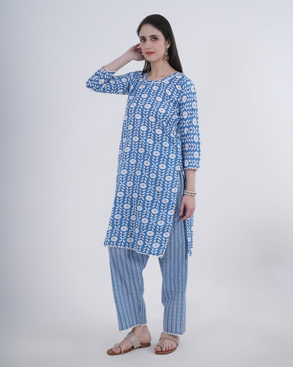 Cotton Suit with Lace Work Blue Floral Print
