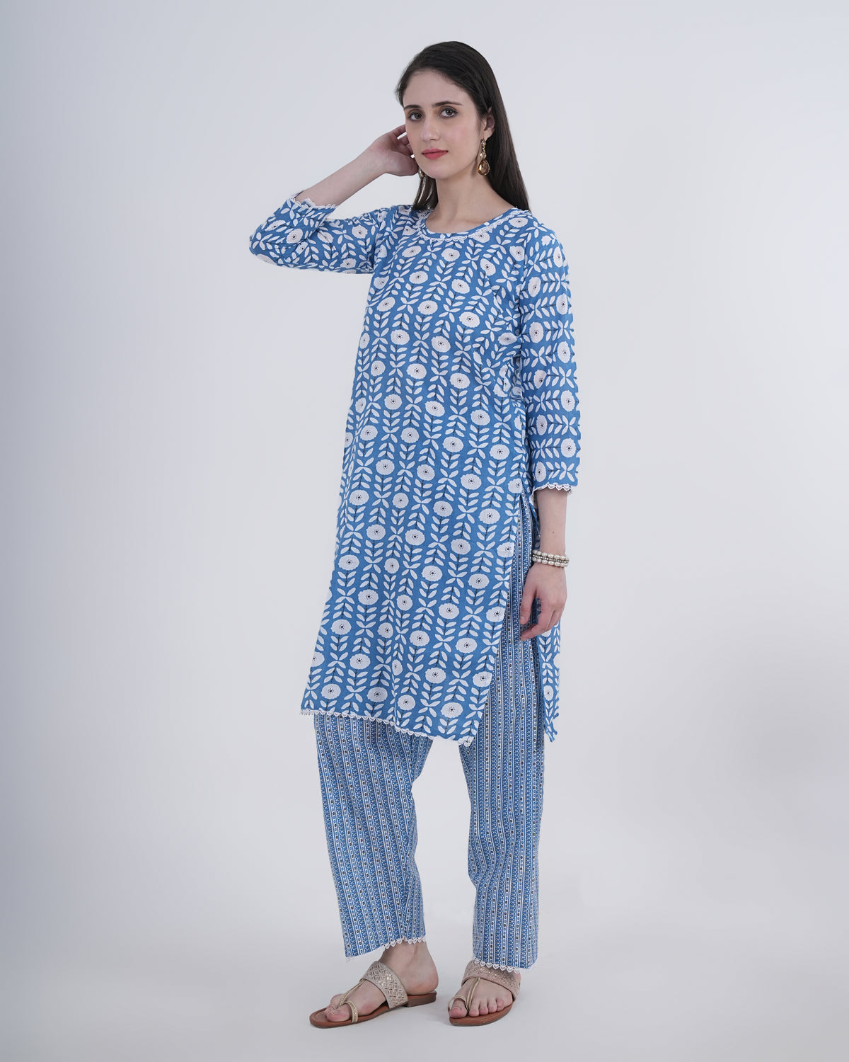 Cotton Suit with Lace Work Blue Floral Print