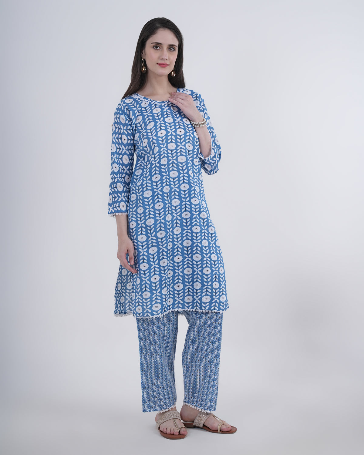 Cotton Suit with Lace Work Blue Floral Print