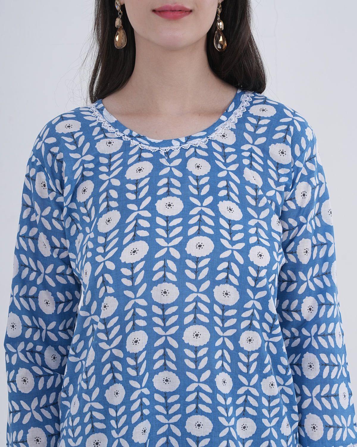 Cotton Suit with Lace Work Blue Floral Print