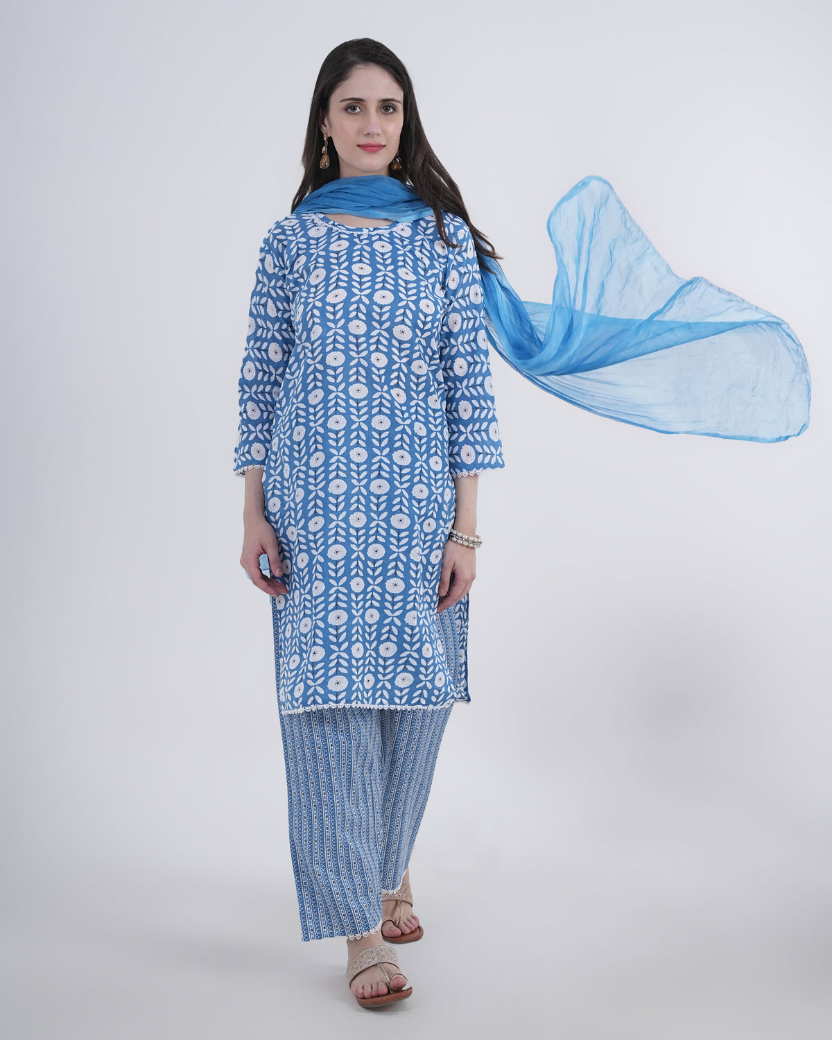 Cotton Suit with Lace Work Blue Floral Print
