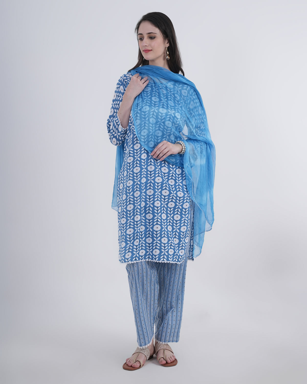 Cotton Suit with Lace Work Blue Floral Print