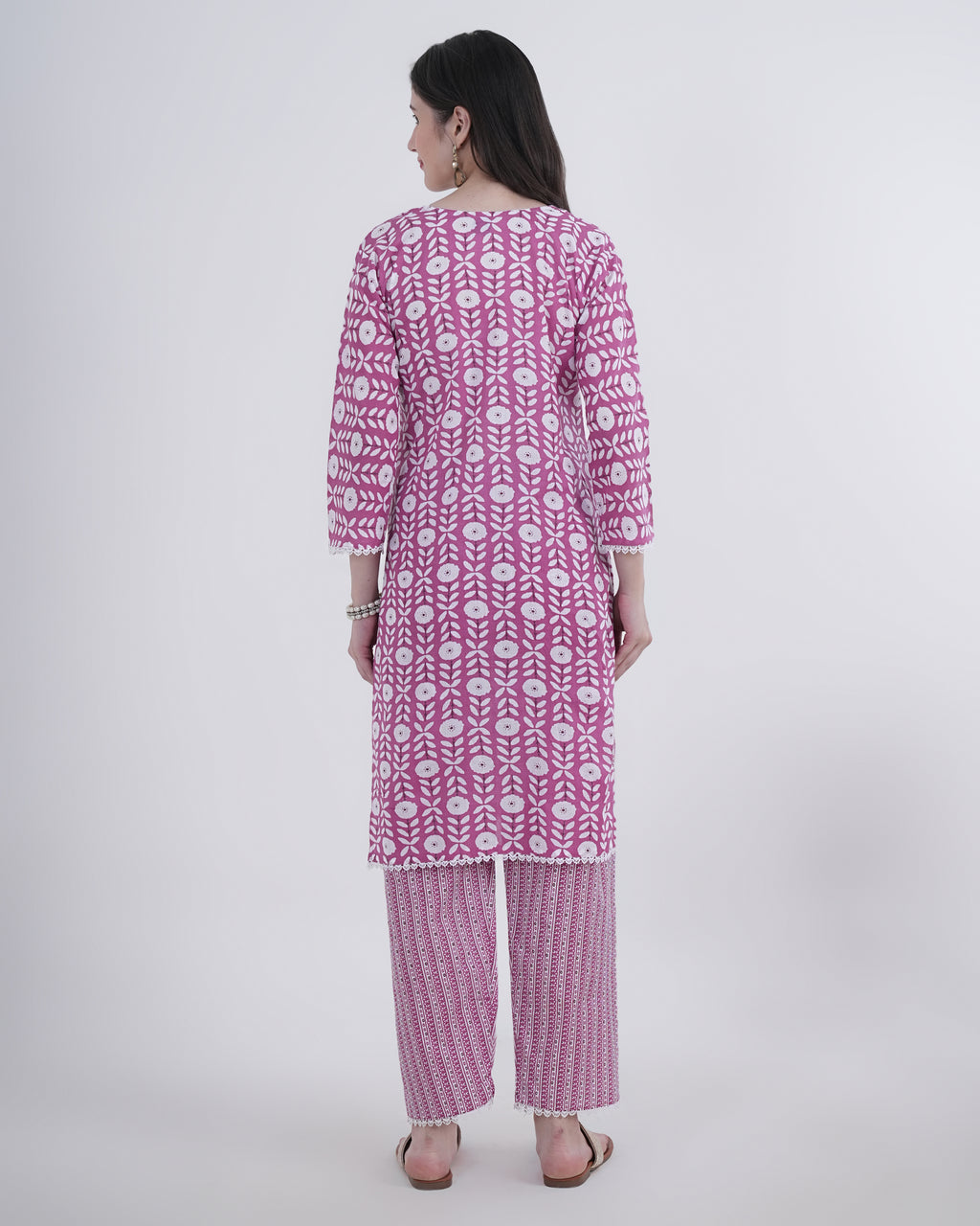Cotton Suit with Lace Work Blue Floral Print