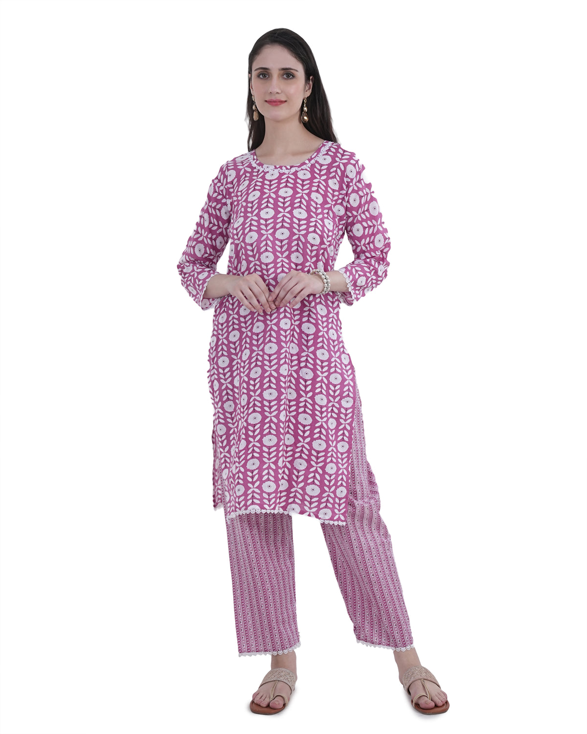 Cotton Suit with Lace Work Blue Floral Print