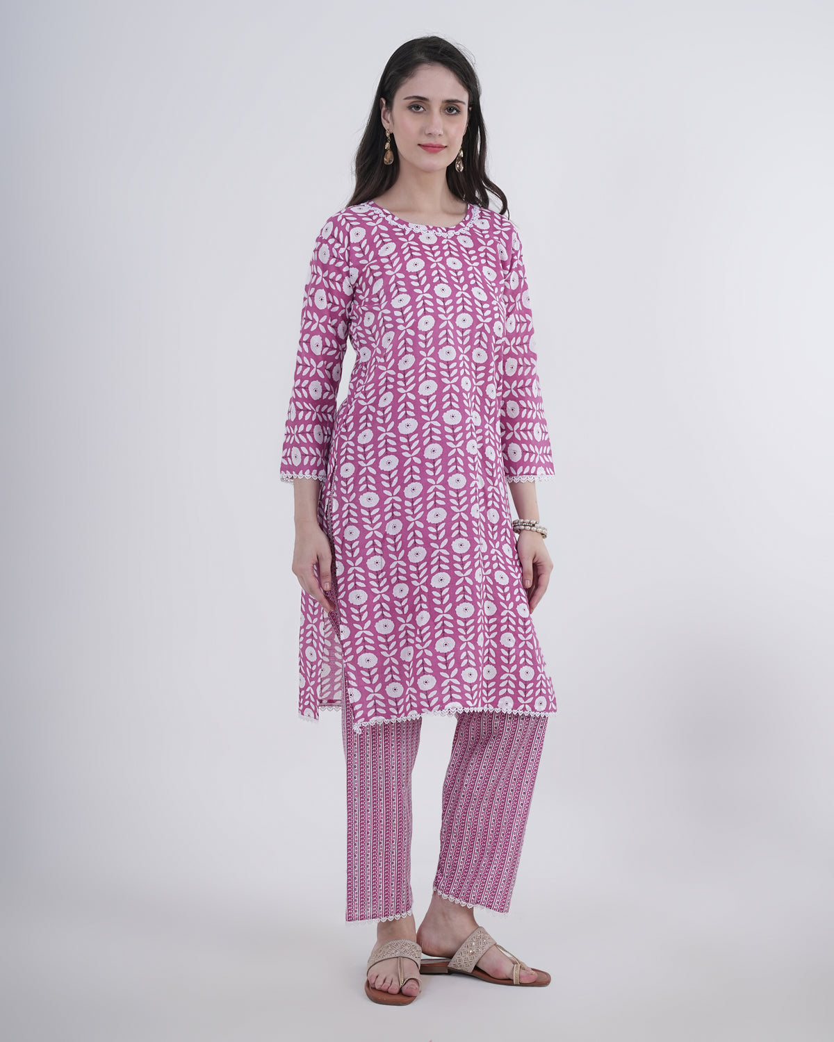 Cotton Suit with Lace Work Blue Floral Print