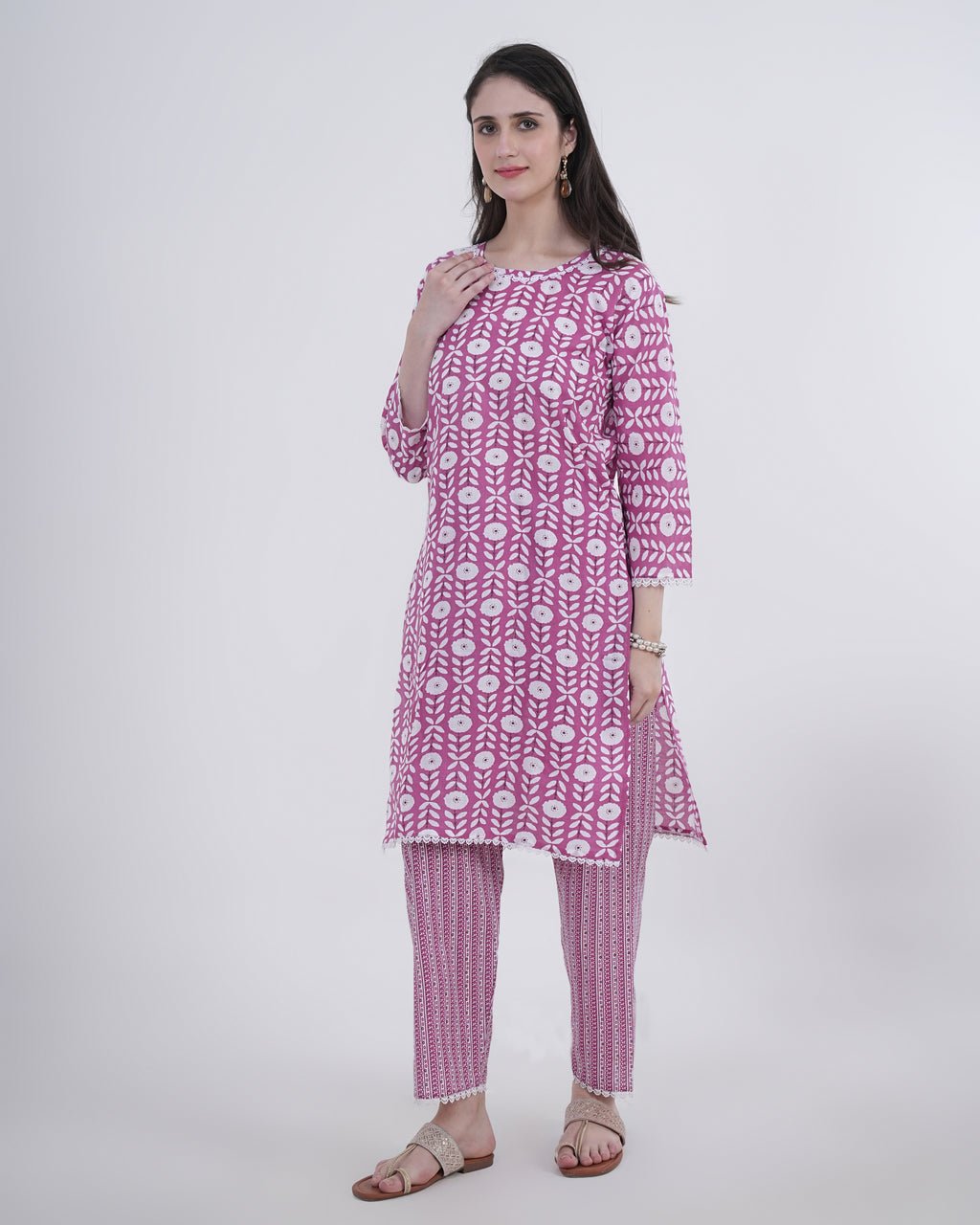 Cotton Suit with Lace Work Blue Floral Print
