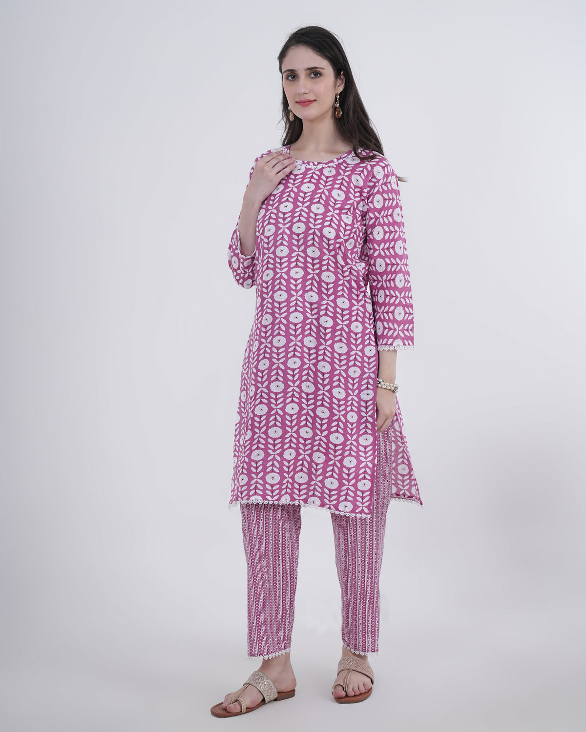 Cotton Suit with Lace Work Blue Floral Print