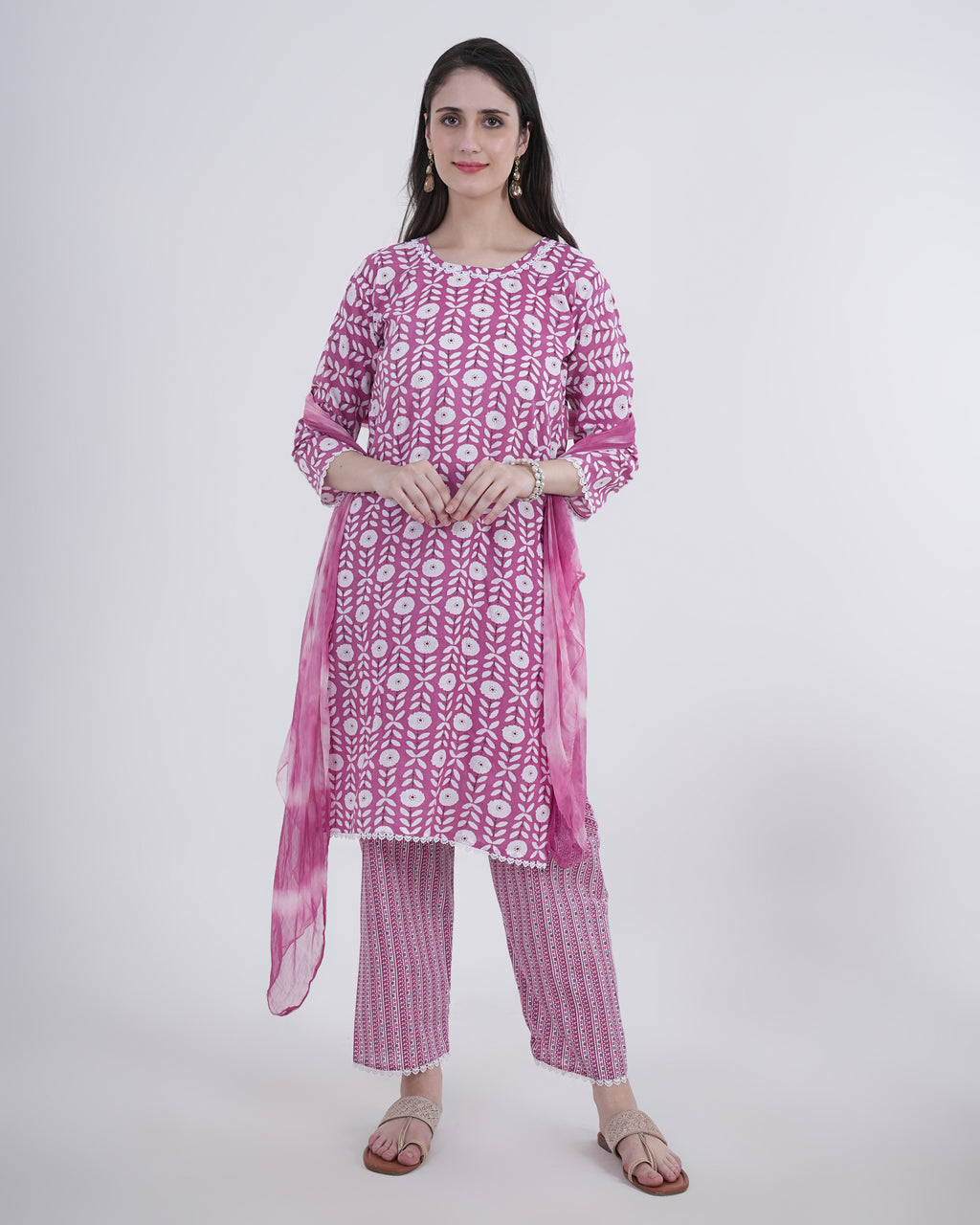 Cotton Suit with Lace Work Blue Floral Print