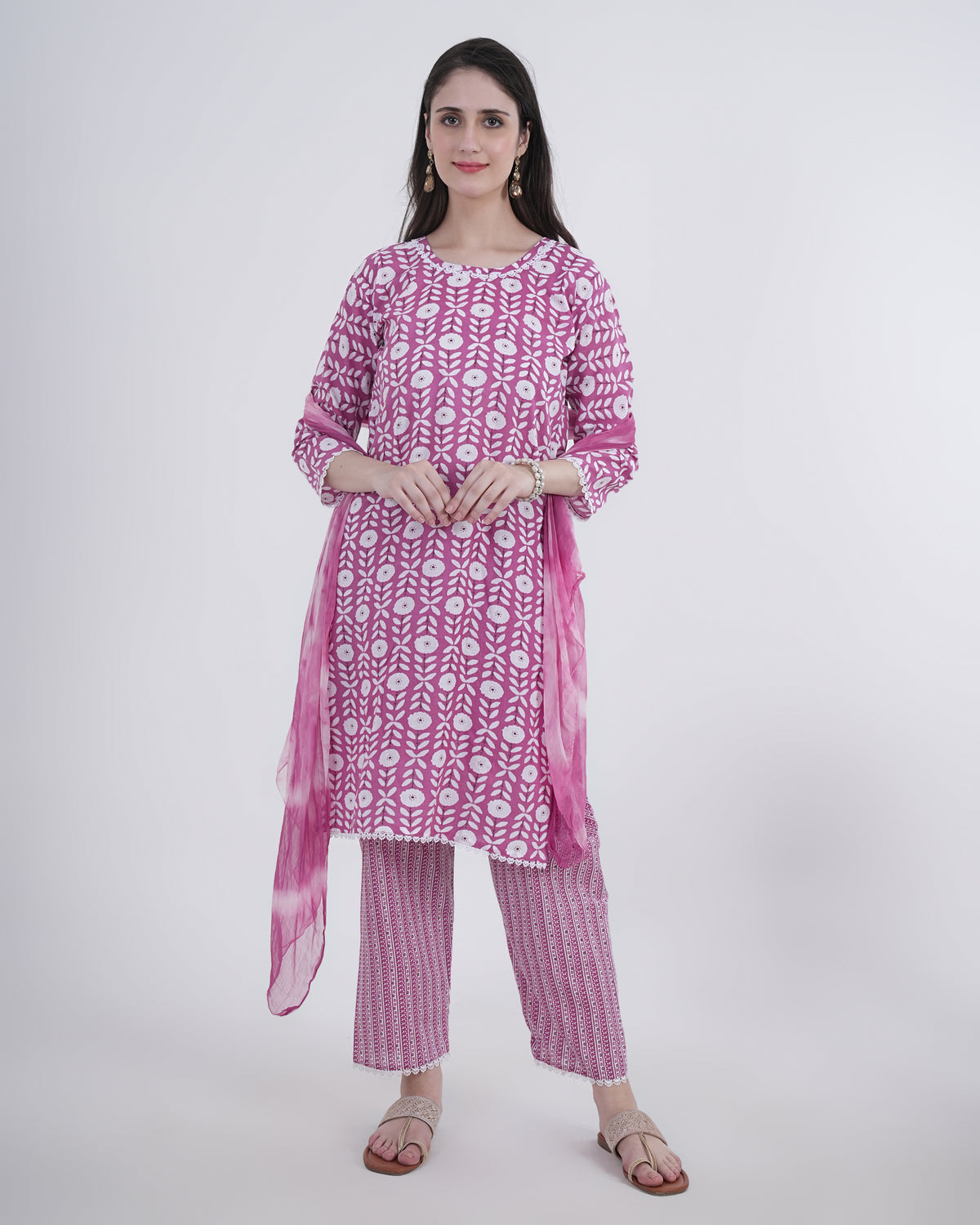 Cotton Suit with Lace Work Blue Floral Print