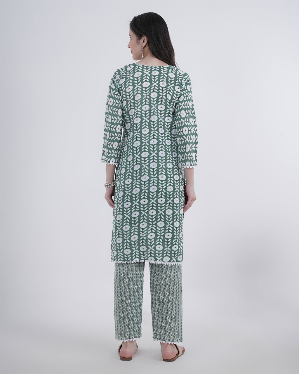 Cotton Suit with Lace Work Blue Floral Print