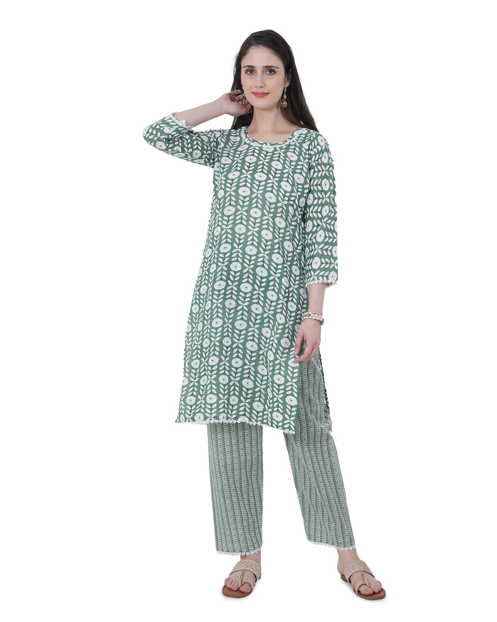 Cotton Suit with Lace Work Blue Floral Print