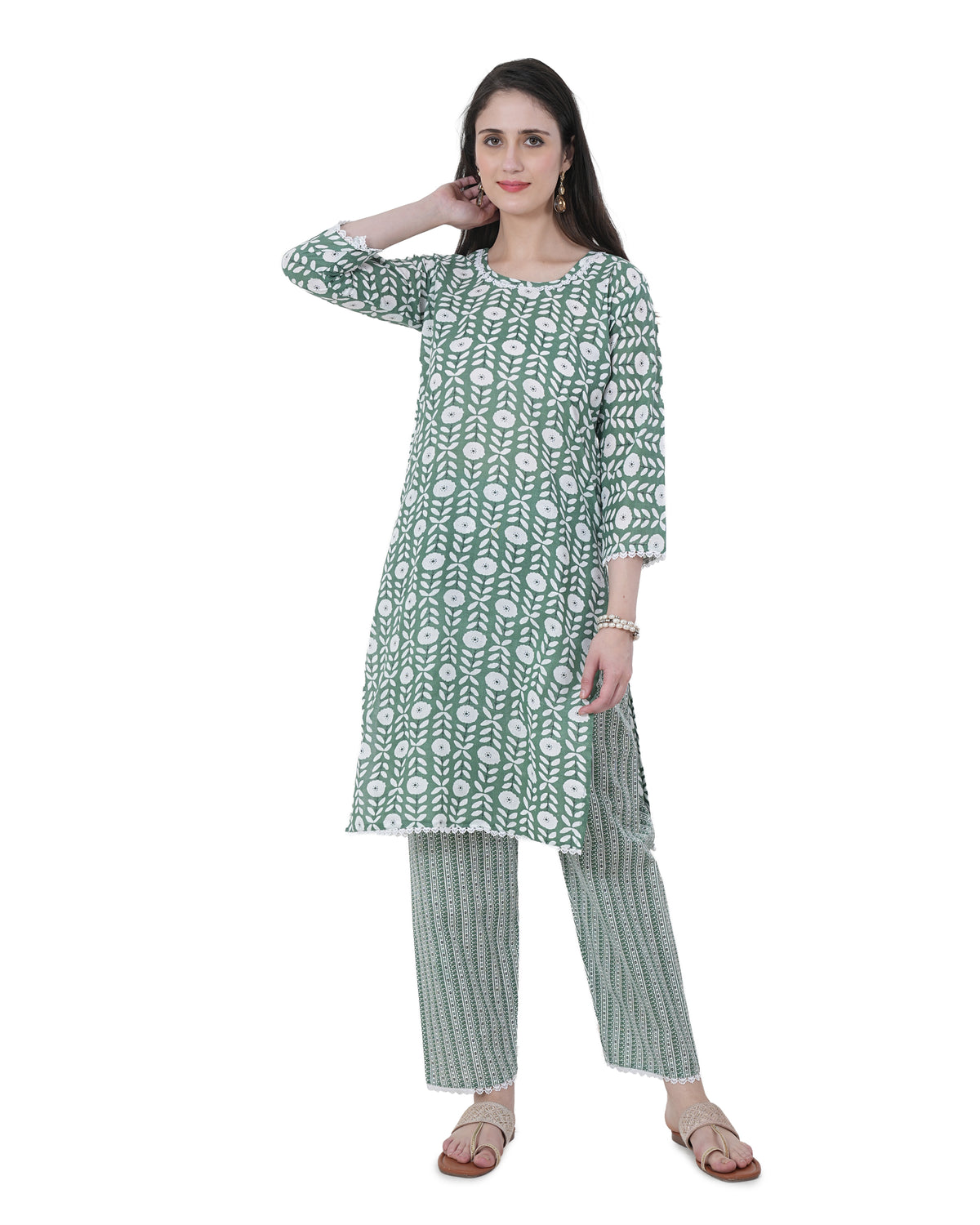Cotton Suit with Lace Work Blue Floral Print