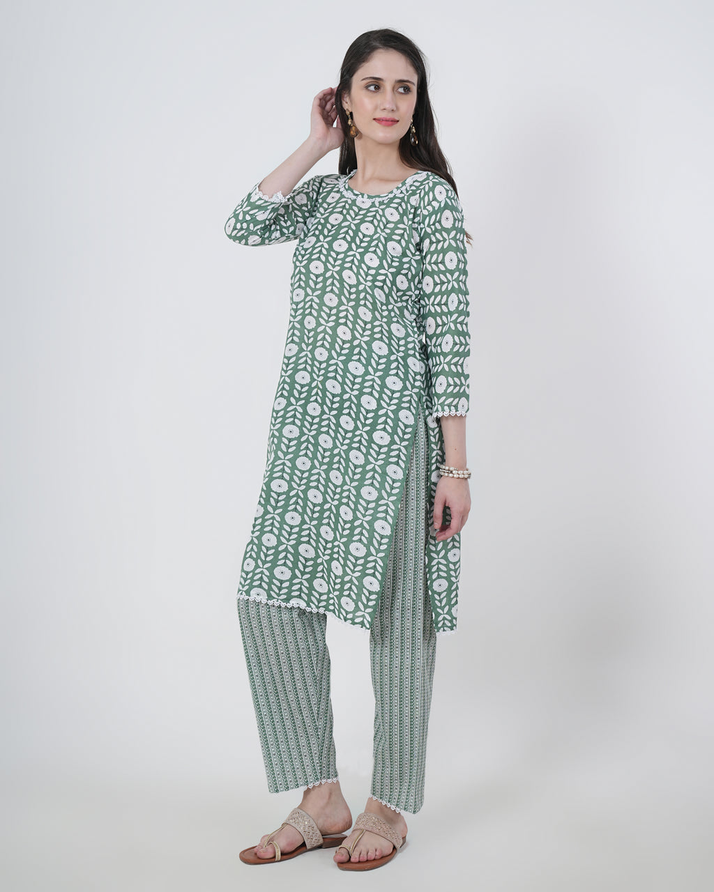 Cotton Suit with Lace Work Blue Floral Print