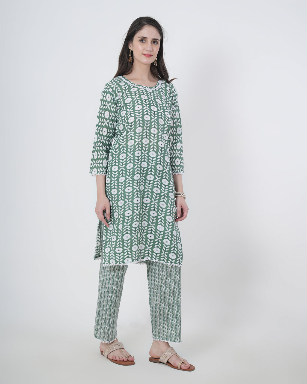 Cotton Suit with Lace Work Blue Floral Print