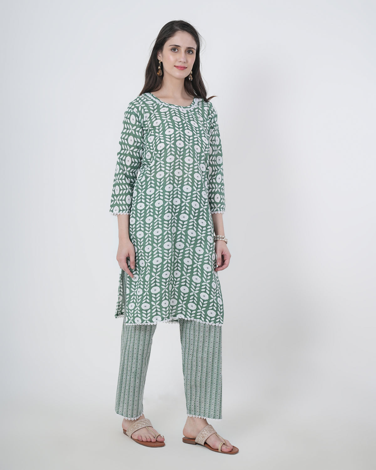 Cotton Suit with Lace Work Blue Floral Print