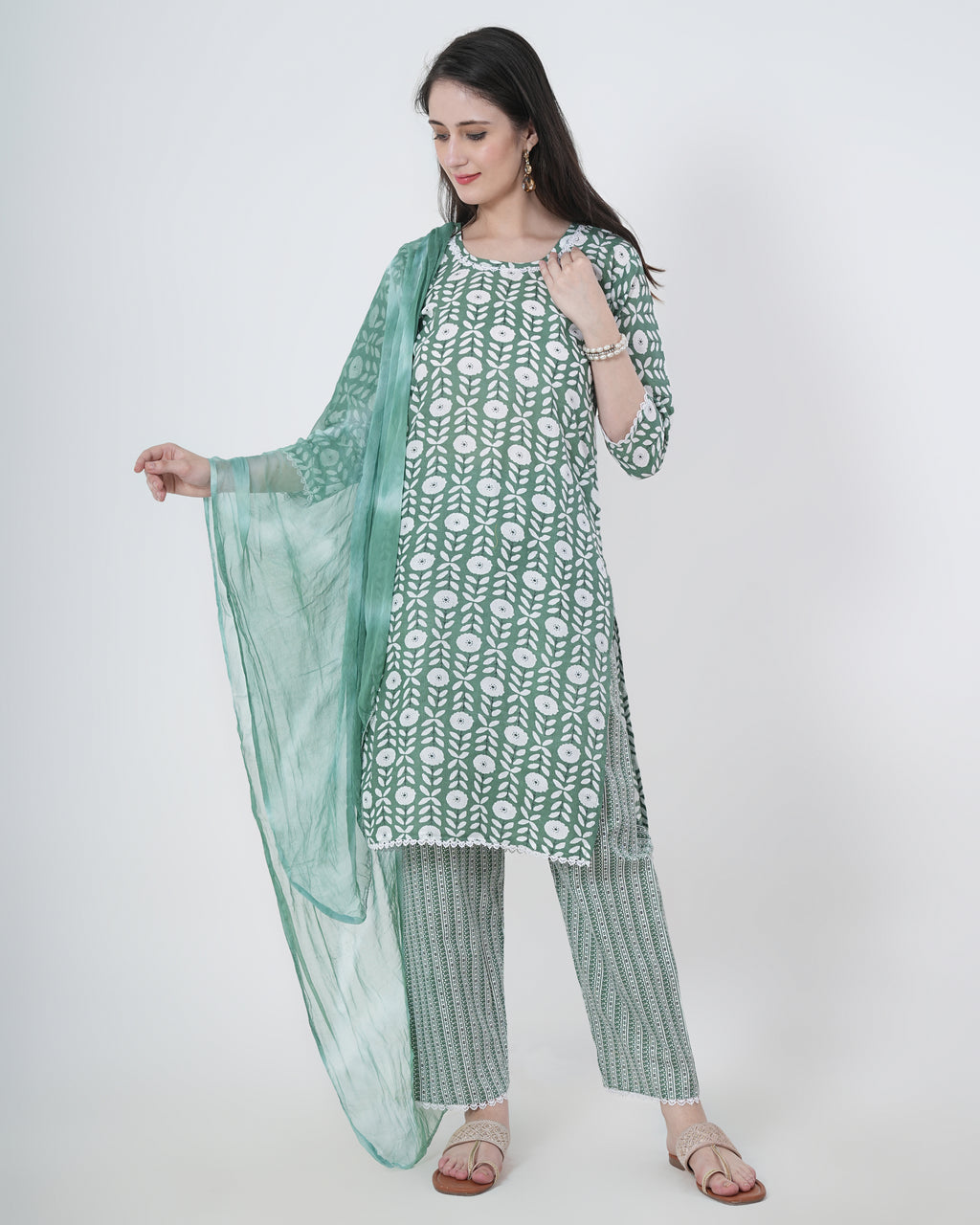 Cotton Suit with Lace Work Blue Floral Print