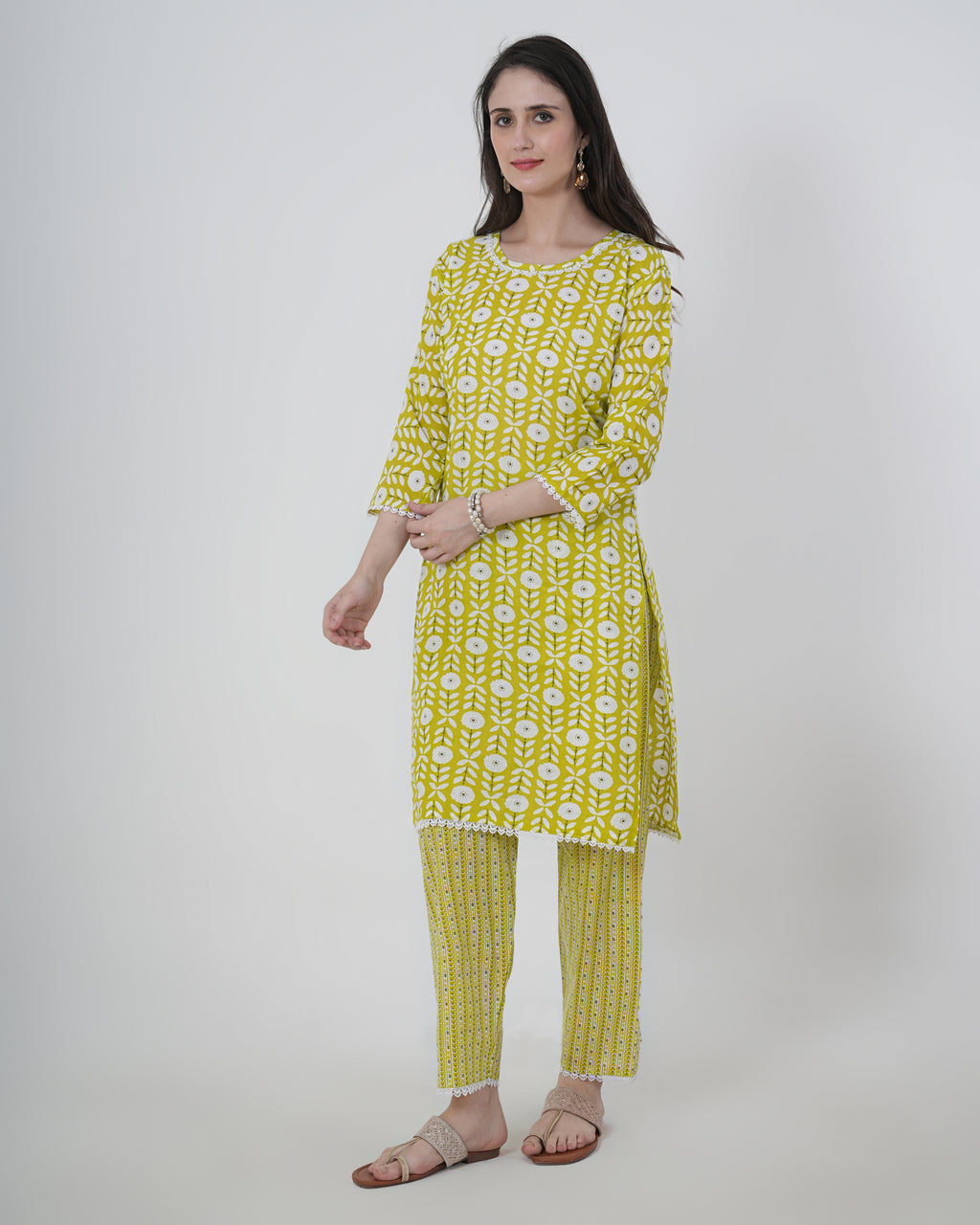 Cotton Suit with Lace Work Blue Floral Print