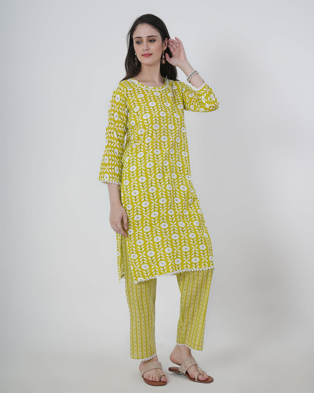 Cotton Suit with Lace Work Blue Floral Print