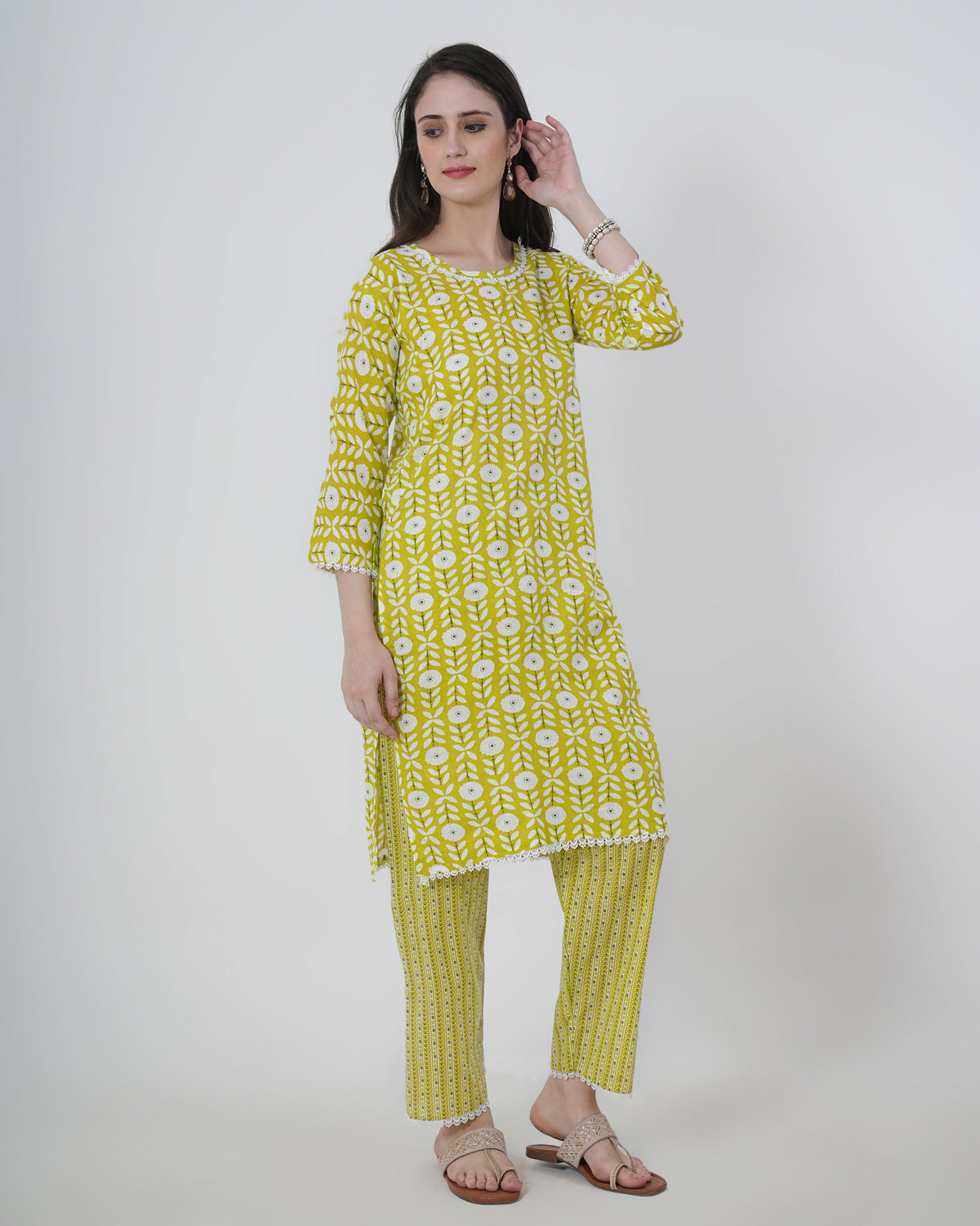 Cotton Suit with Lace Work Blue Floral Print