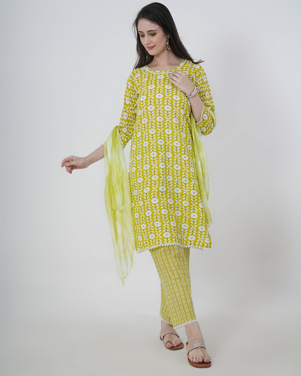 Cotton Suit with Lace Work Blue Floral Print