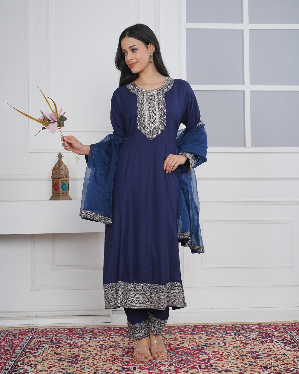 Embroidered Rayon Anarkali 3-Piece Frock Set
