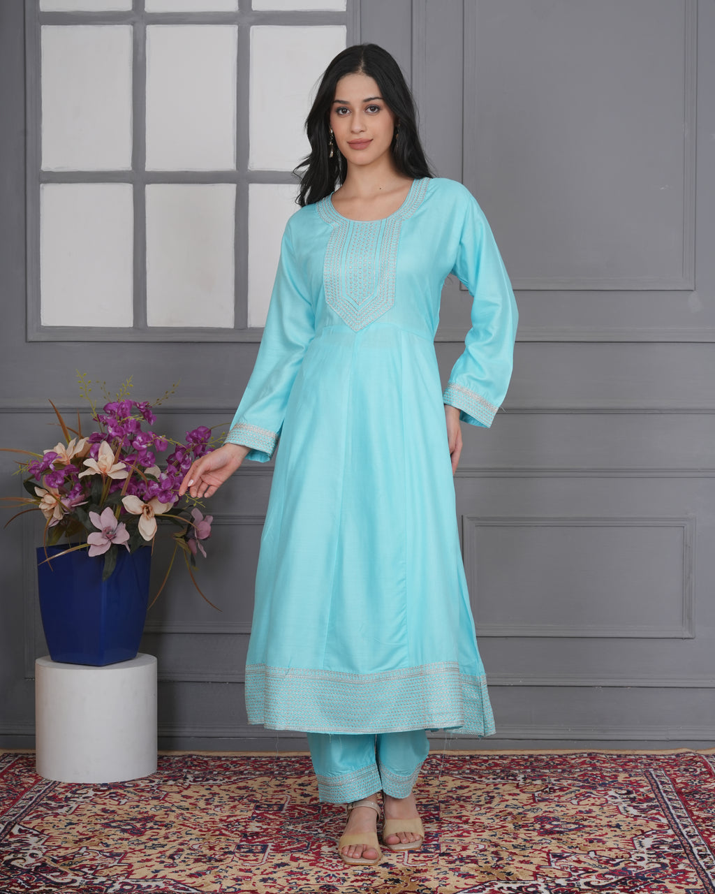 Embroidered Rayon Anarkali 3-Piece Frock Set