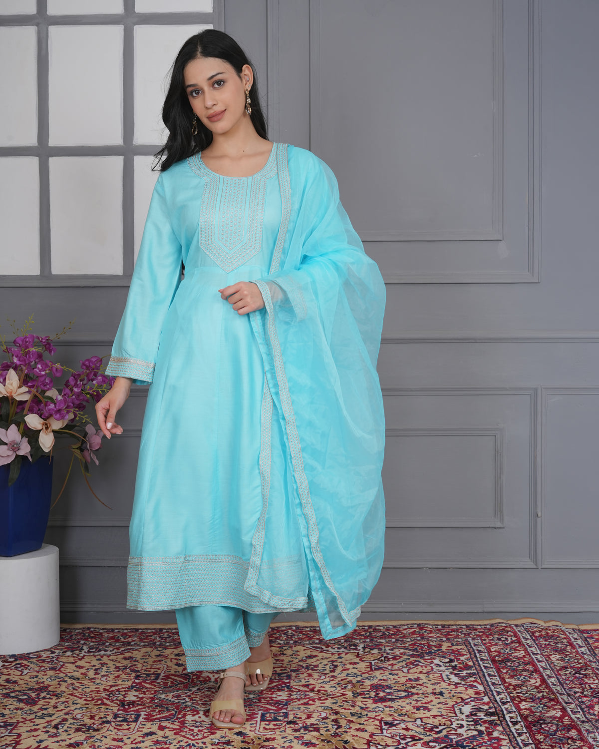Embroidered Rayon Anarkali 3-Piece Frock Set