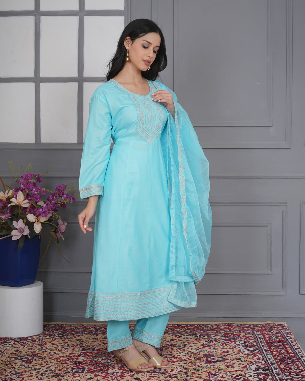 Embroidered Rayon Anarkali 3-Piece Frock Set