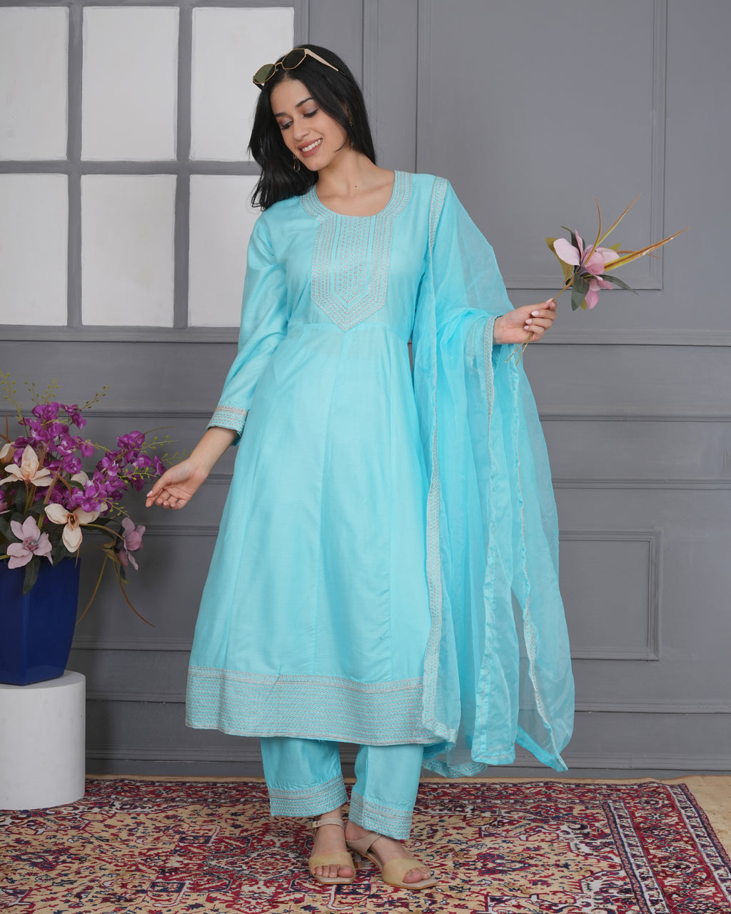 Embroidered Rayon Anarkali 3-Piece Frock Set