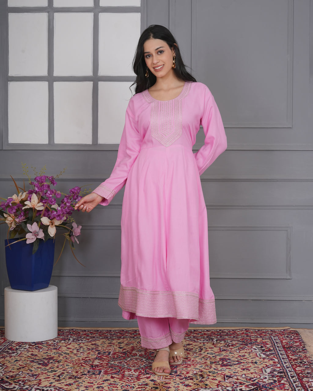 Embroidered Rayon Anarkali 3-Piece Frock Set