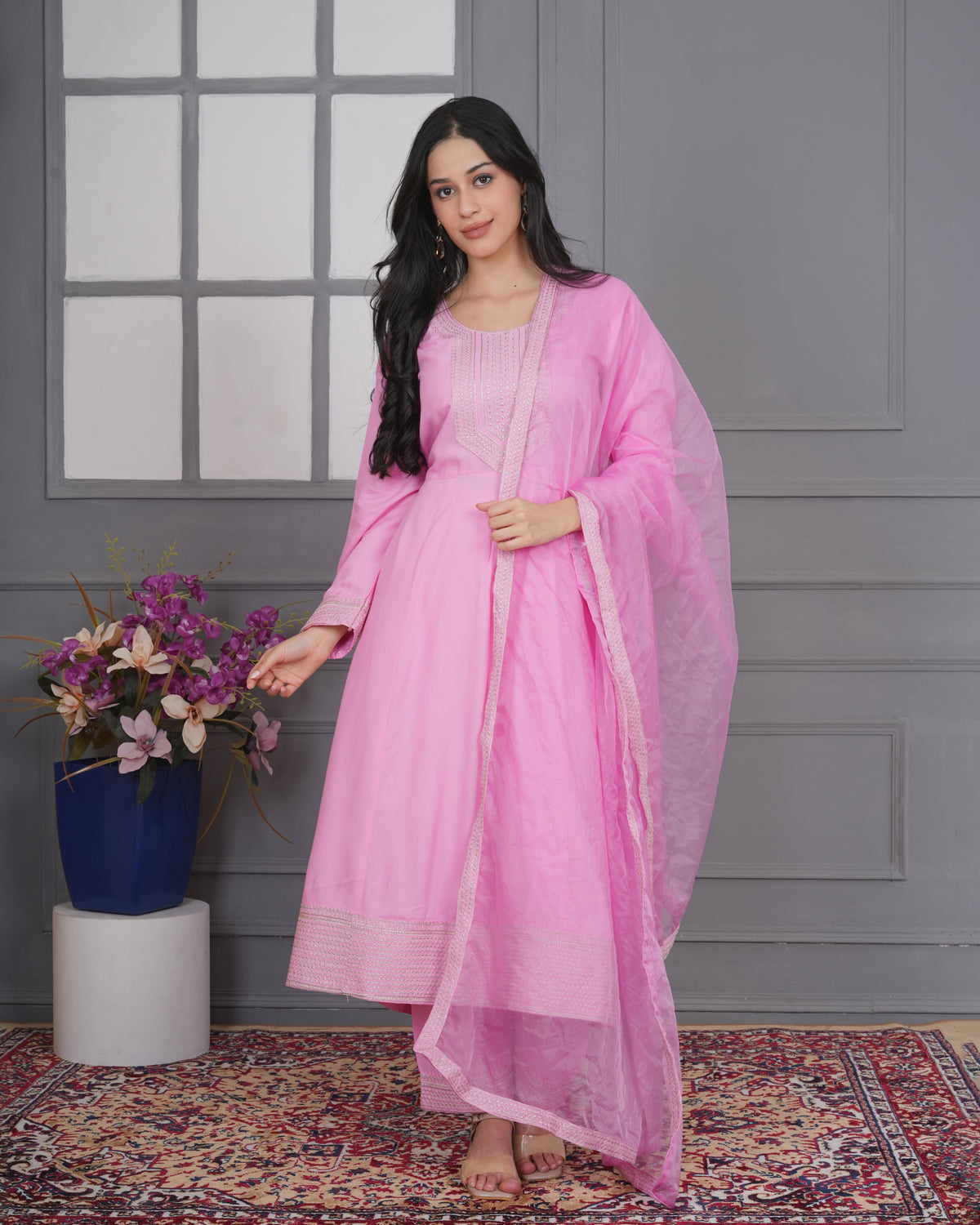 Embroidered Rayon Anarkali 3-Piece Frock Set