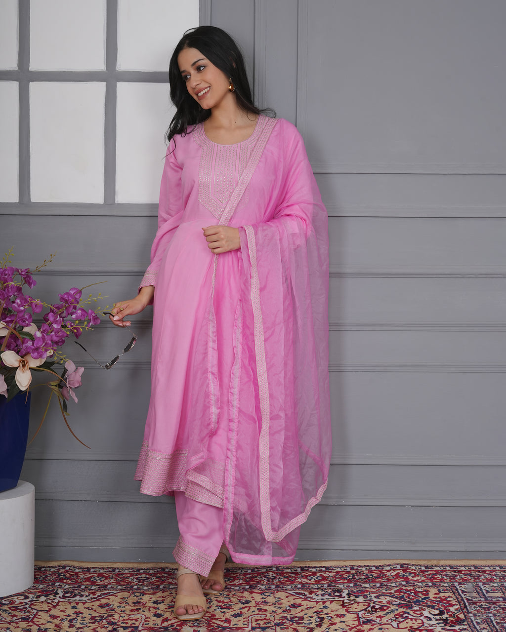 Embroidered Rayon Anarkali 3-Piece Frock Set