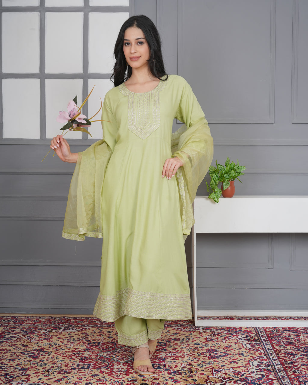Embroidered Rayon Anarkali 3-Piece Frock Set