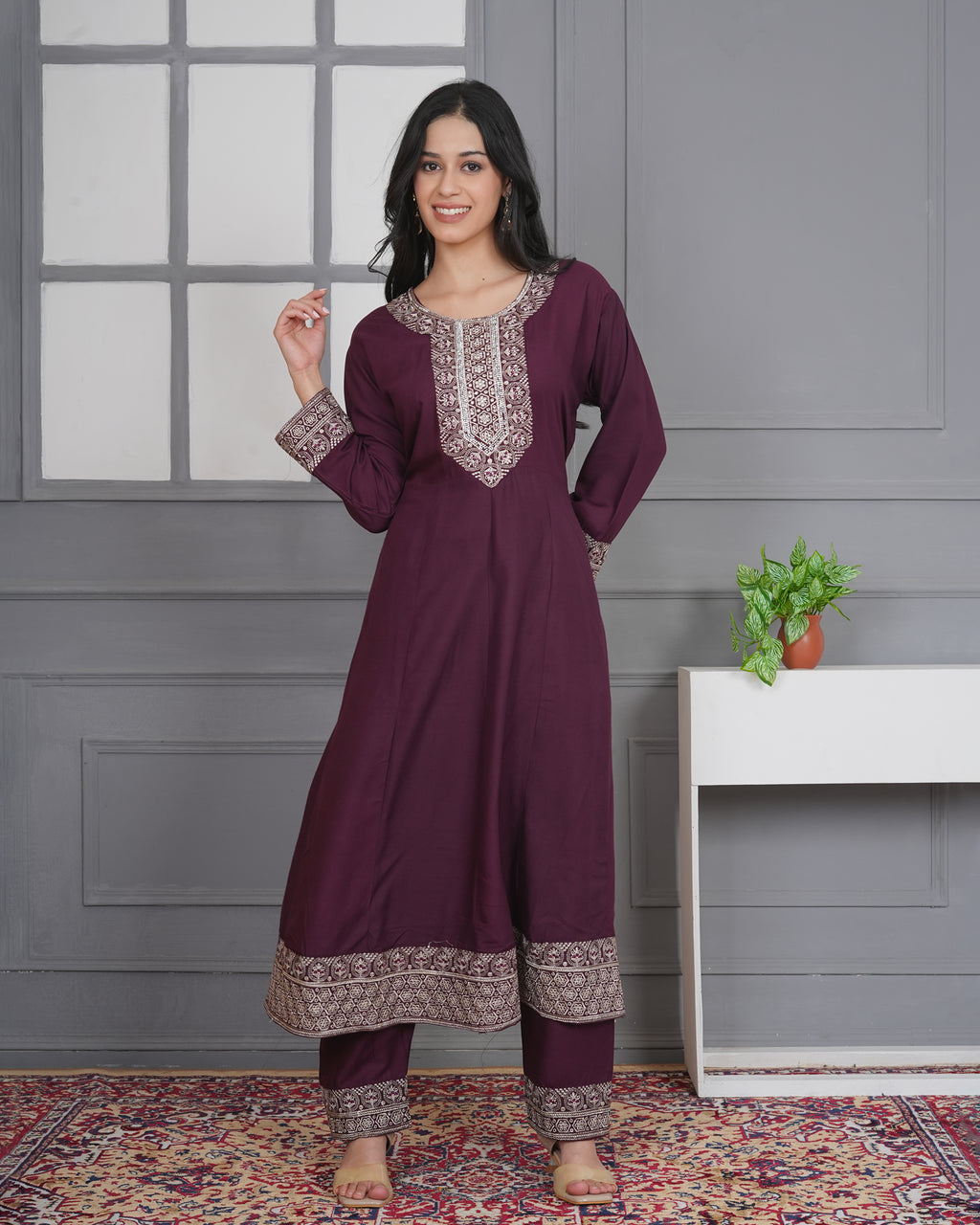 Embroidered Rayon Anarkali 3-Piece Frock Set
