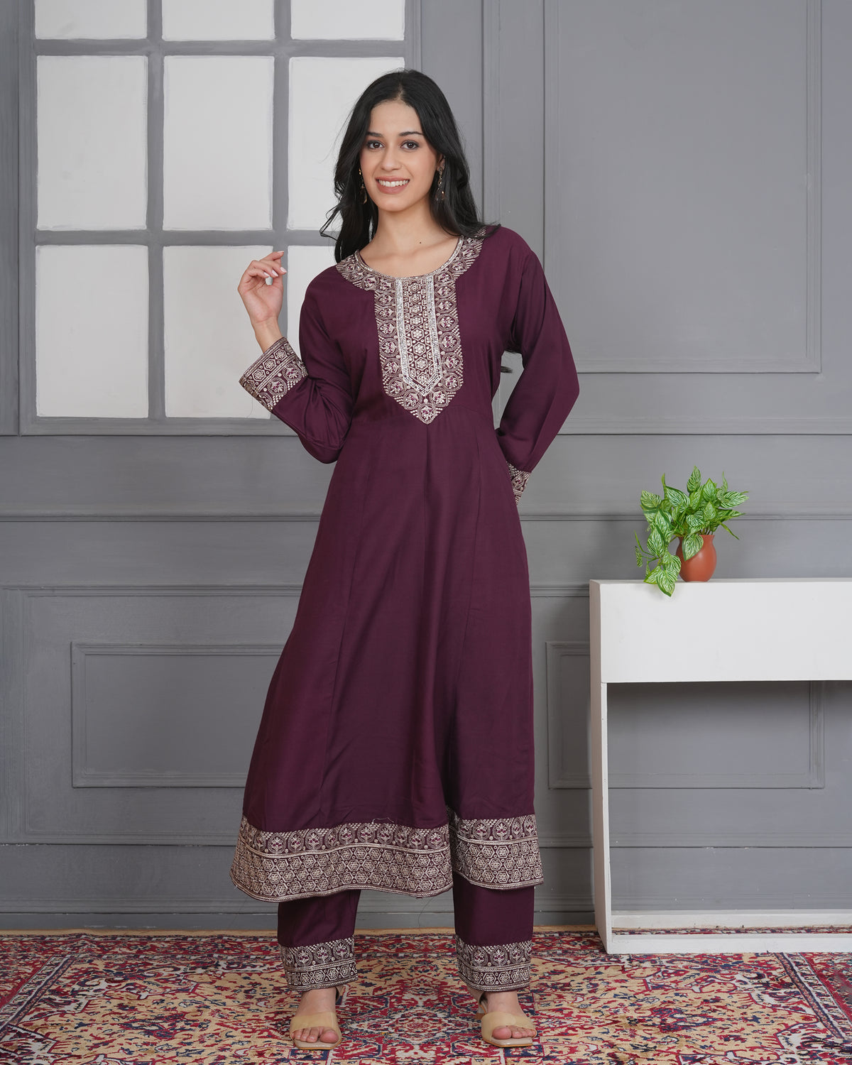 Embroidered Rayon Anarkali 3-Piece Frock Set