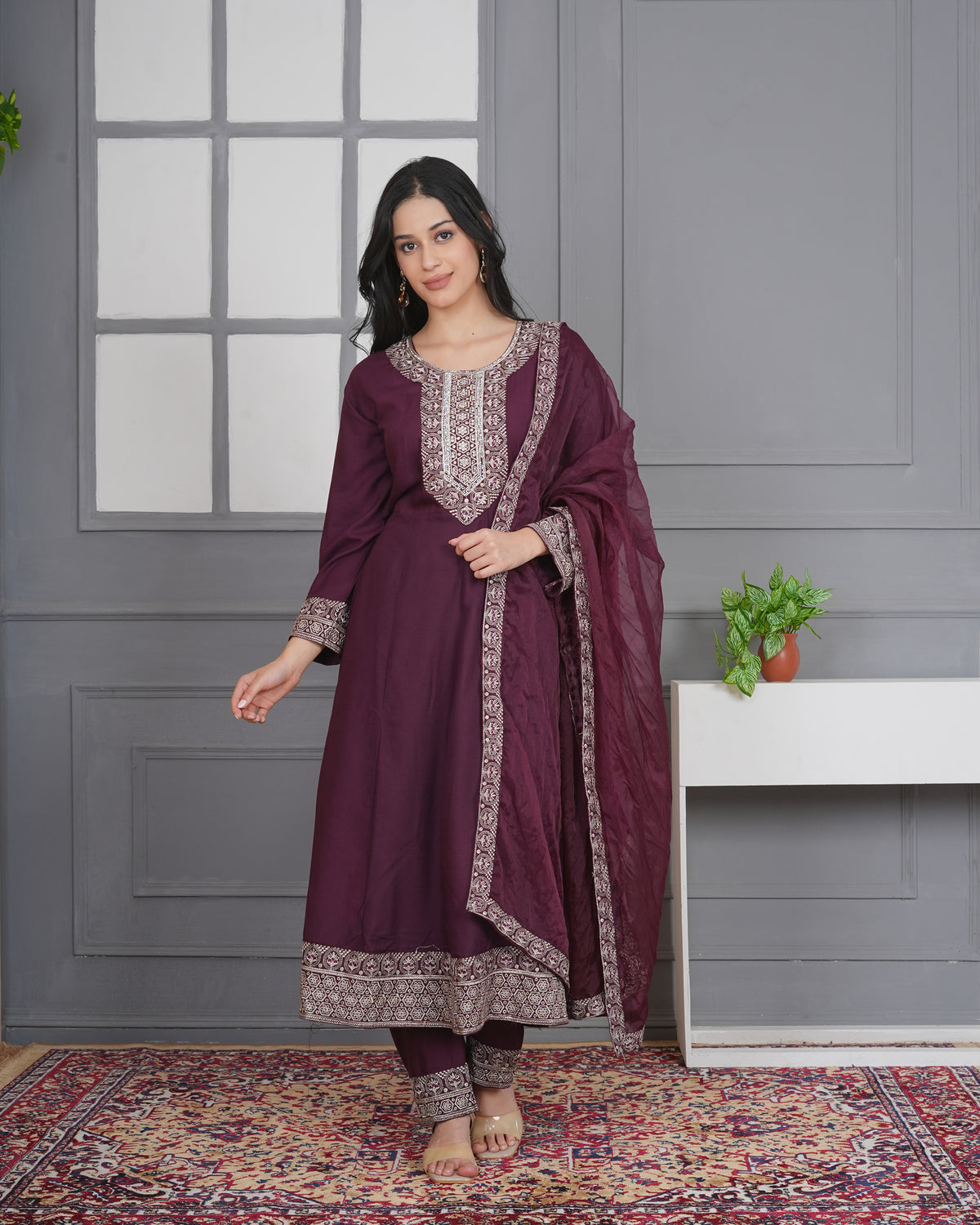 Embroidered Rayon Anarkali 3-Piece Frock Set