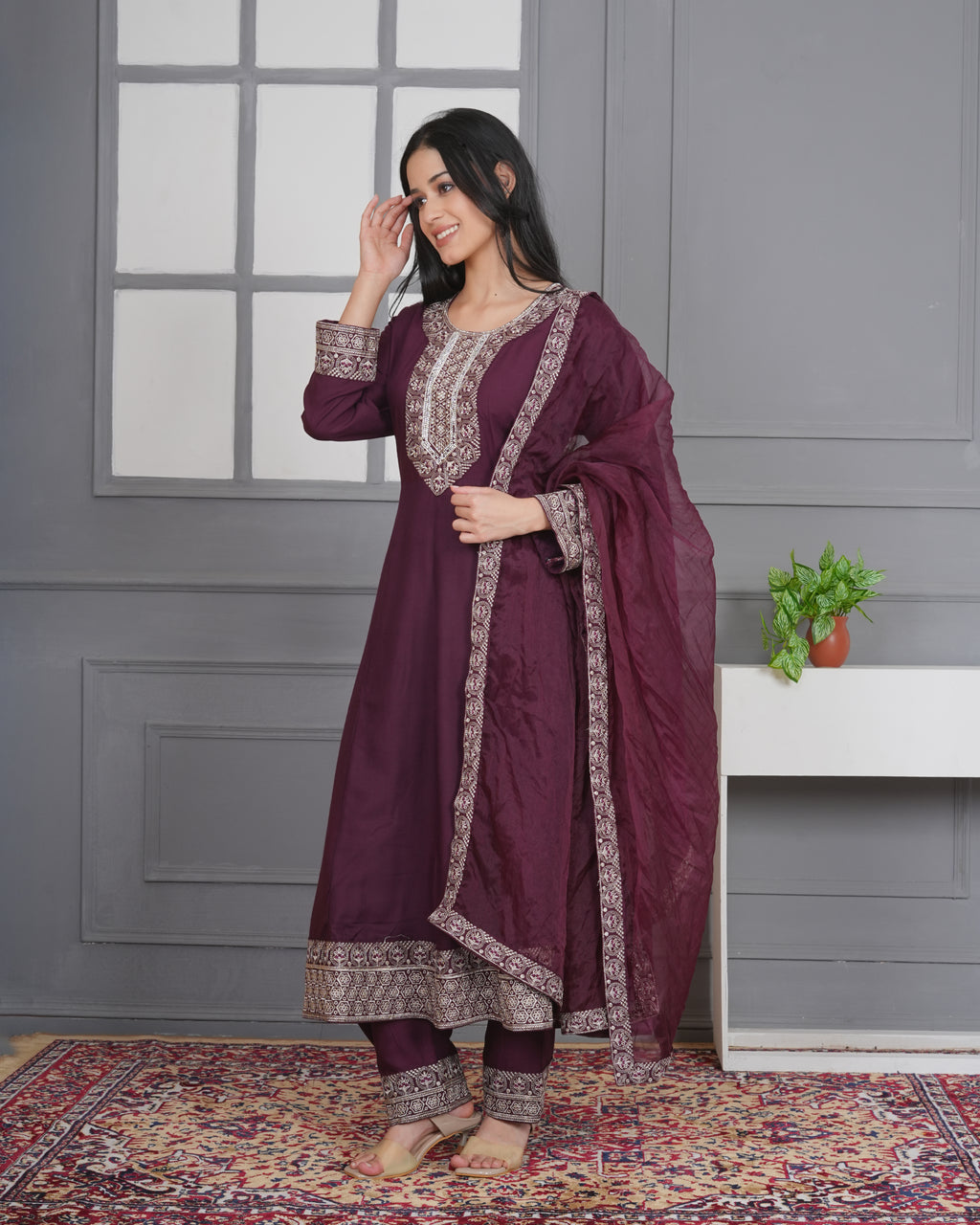 Embroidered Rayon Anarkali 3-Piece Frock Set