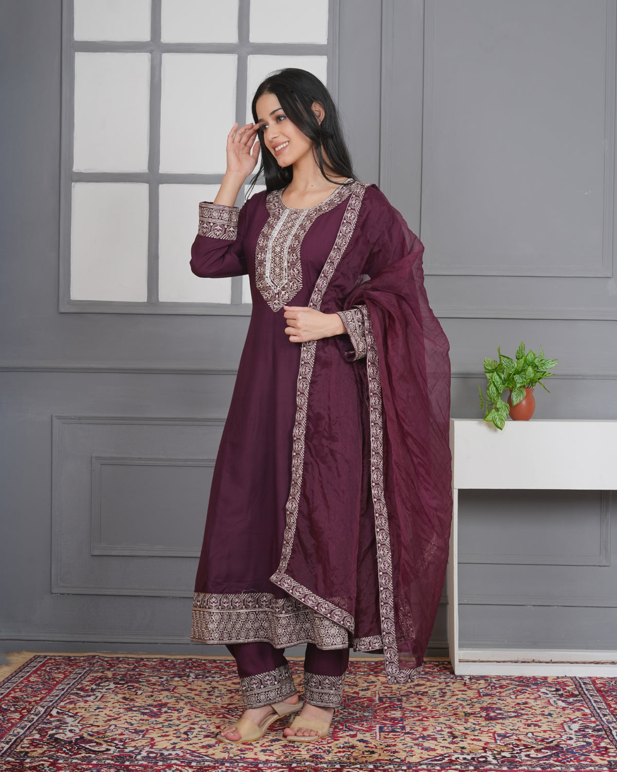 Embroidered Rayon Anarkali 3-Piece Frock Set