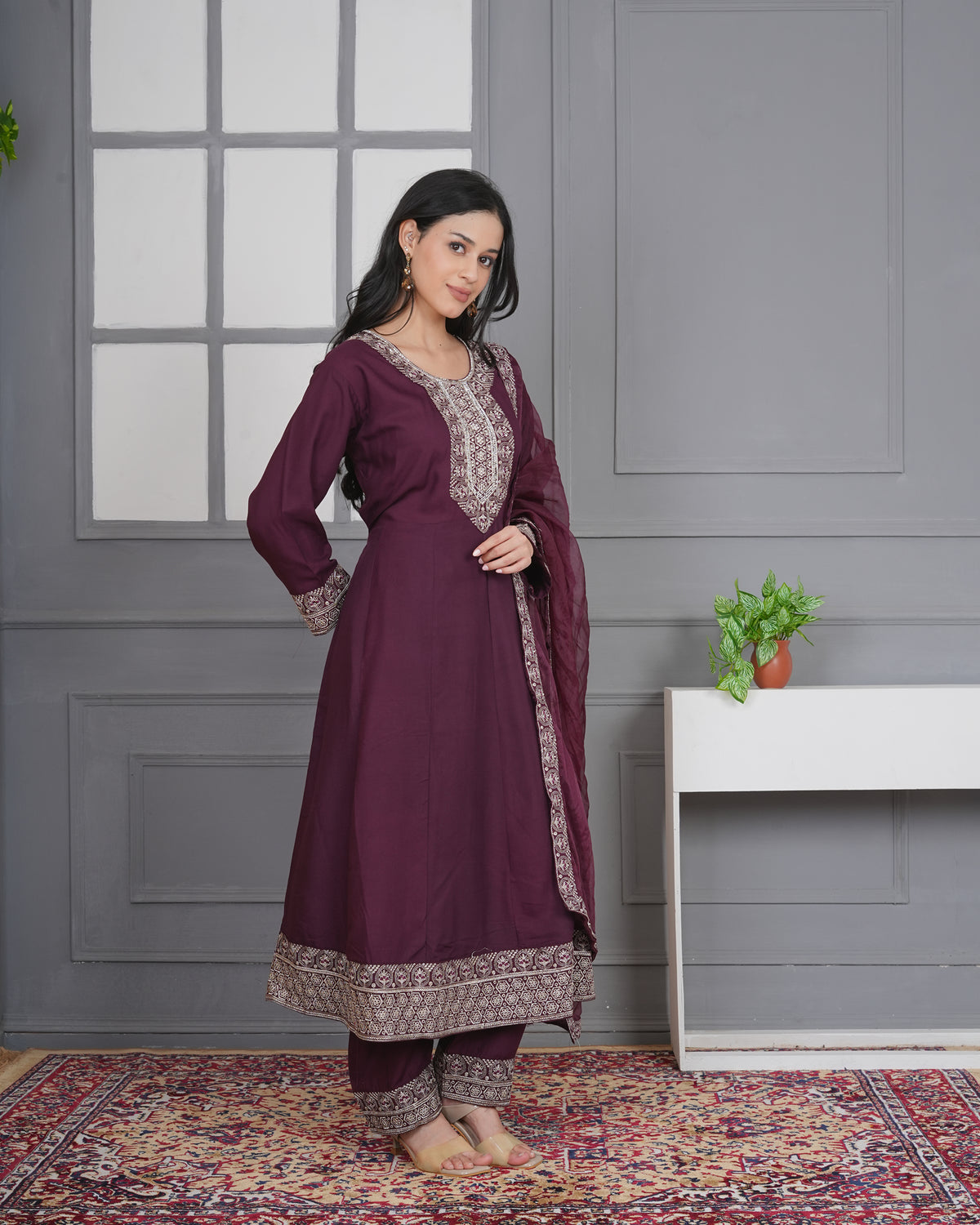 Embroidered Rayon Anarkali 3-Piece Frock Set