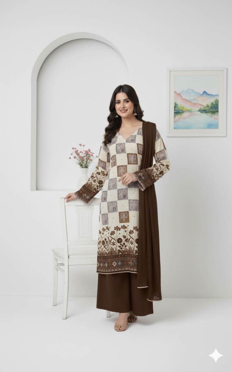 Cream & Maroon Printed Cotton Suit (Unstitched)