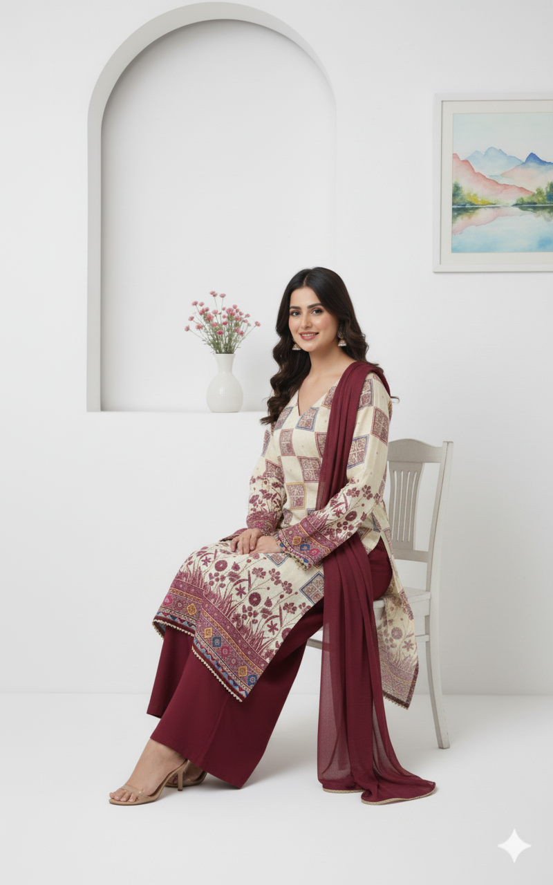 Cream & Maroon Printed Cotton Suit (Unstitched)