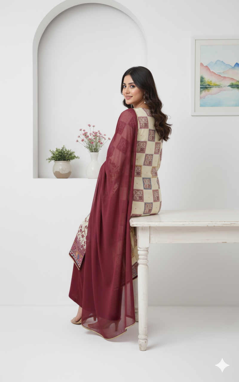 Cream & Maroon Printed Cotton Suit (Unstitched)