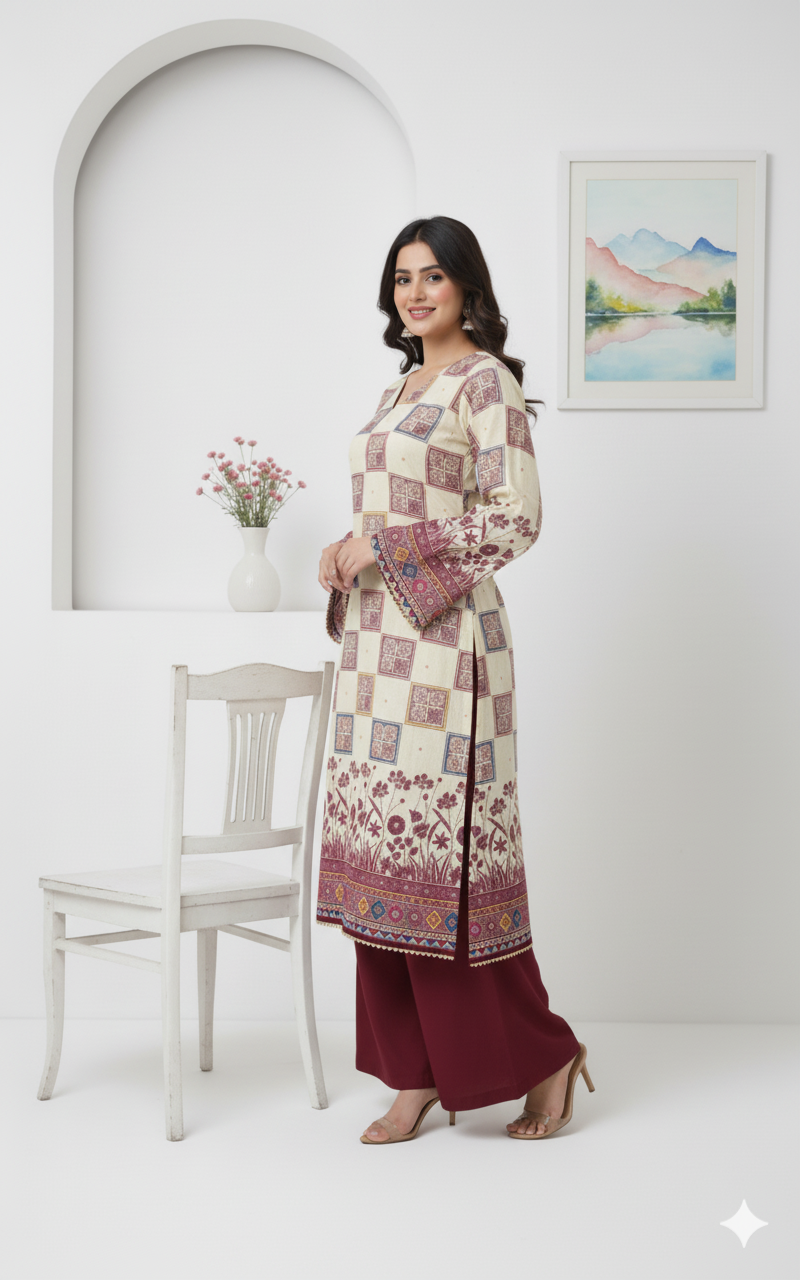 Cream & Maroon Printed Cotton Suit (Unstitched)