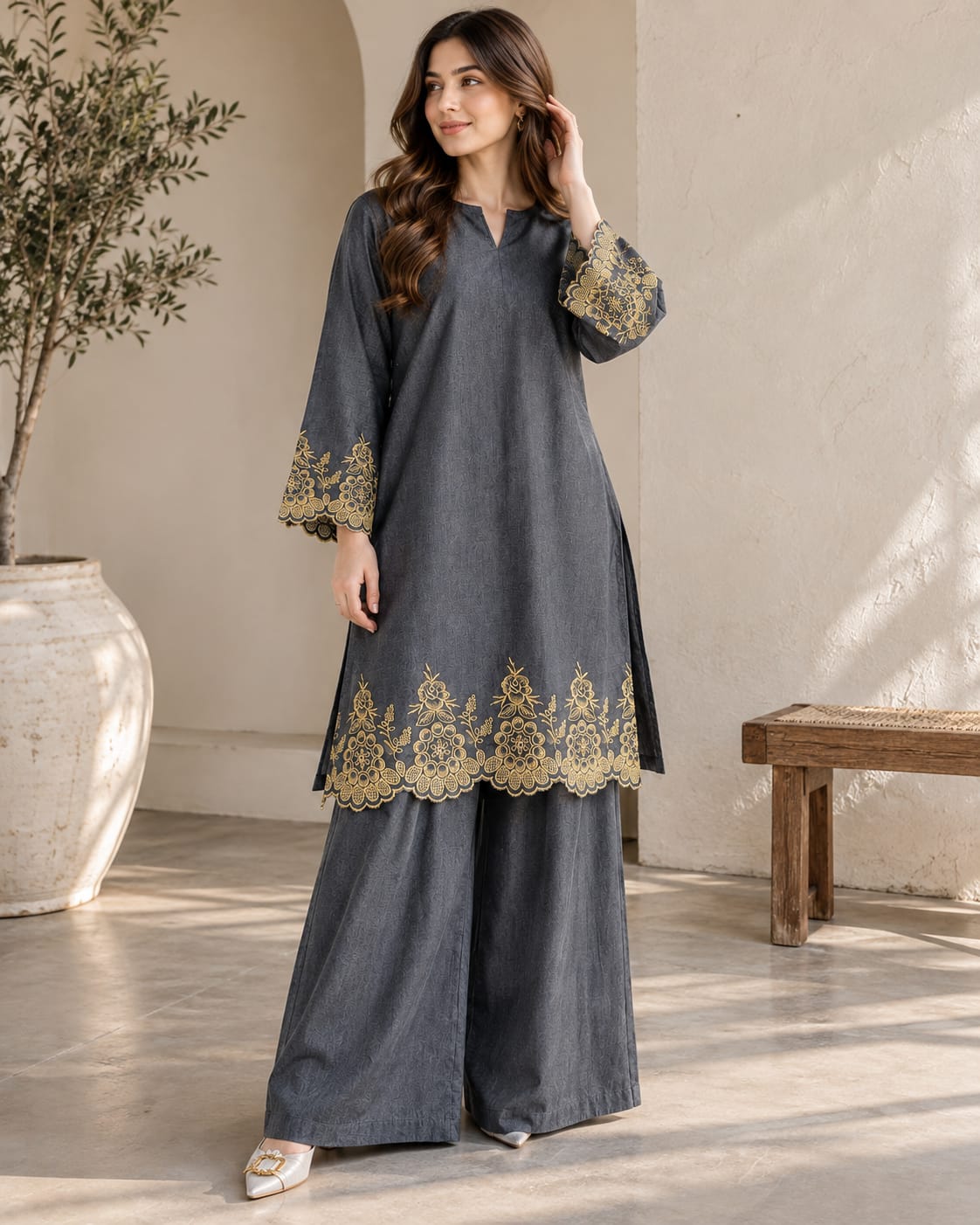 Denim Embroidered  Wide-Leg Palazzo Pants Co-Ord Set
