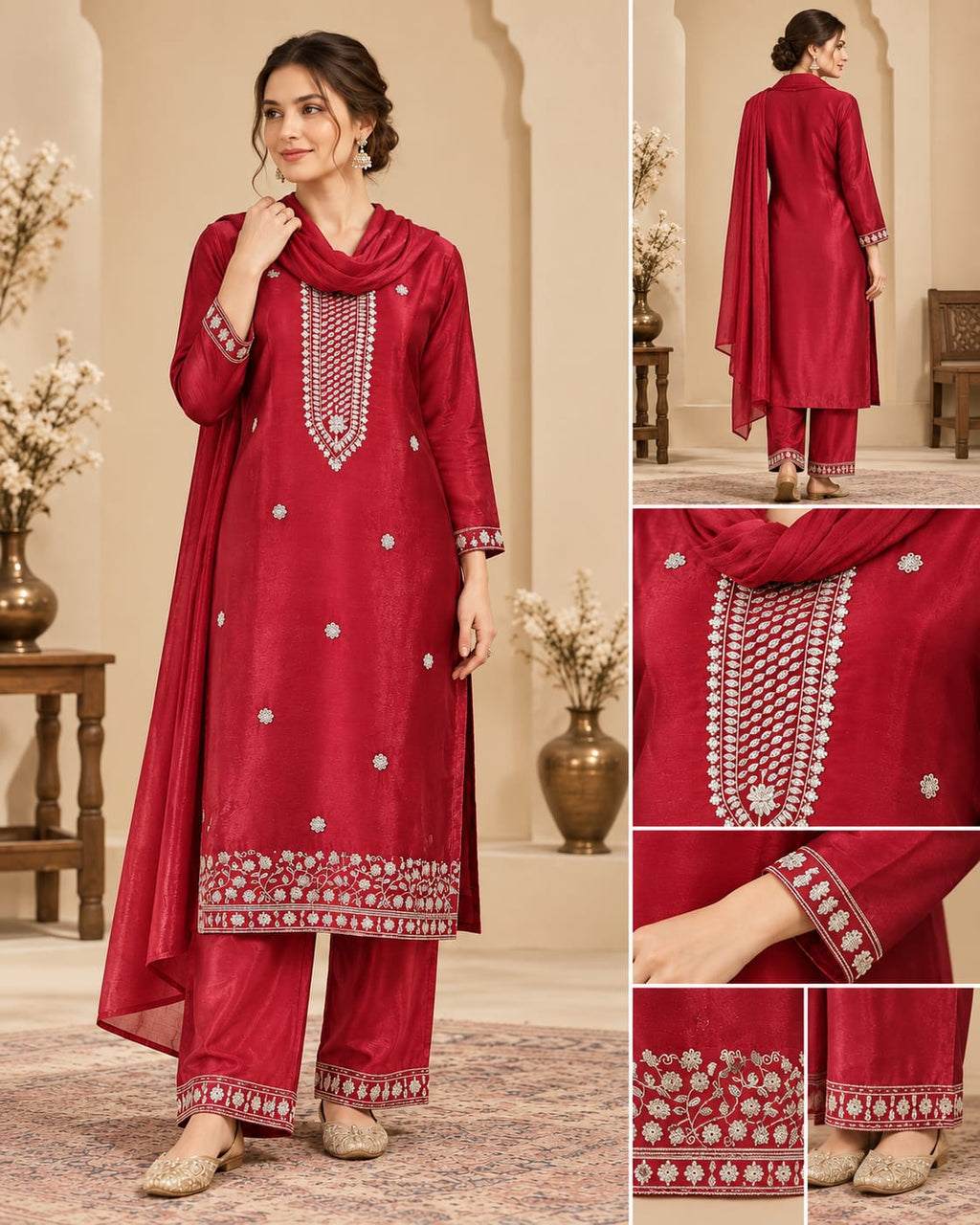 Maroon Premium Roman Glass Embroidered 3-Piece Party Wear Suit