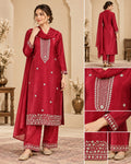 Maroon Premium Roman Glass Embroidered 3-Piece Party Wear Suit