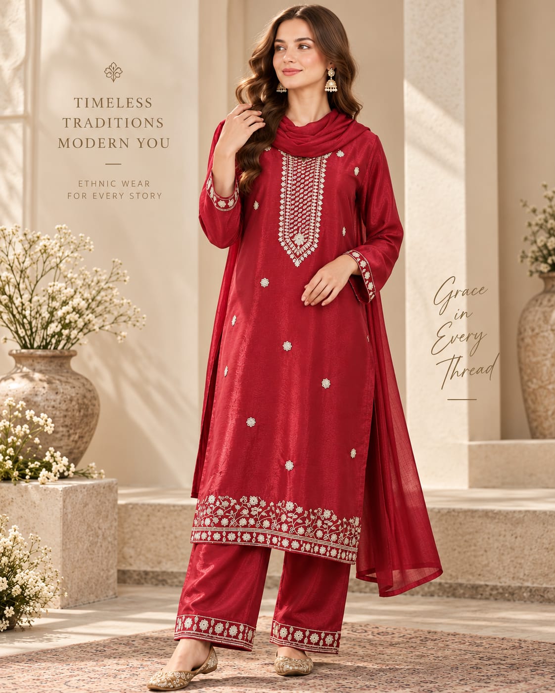 Maroon Premium Roman Glass Embroidered 3-Piece Party Wear Suit